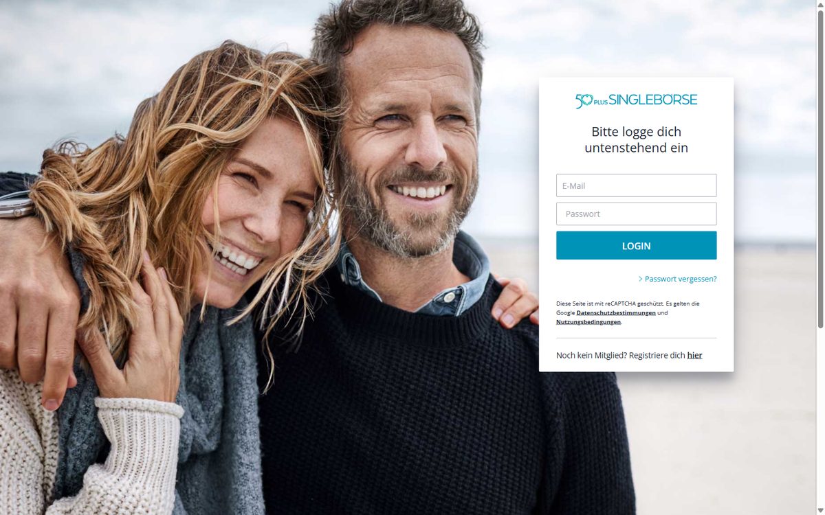 Login-Seite von 50plus-Singlebörse mit Feldern für E-Mail und Passwort