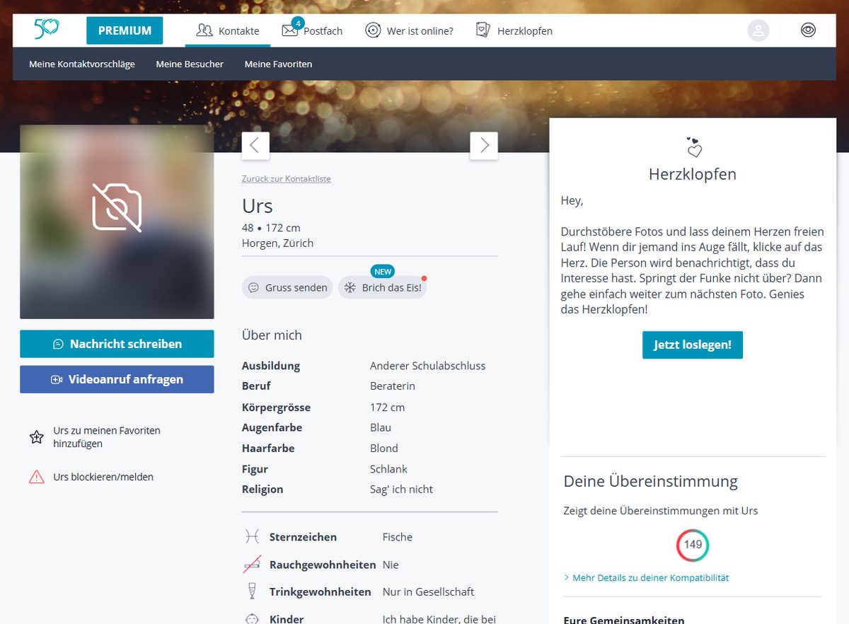 Profilansicht eines Mitglieds bei 50plus-Singlebörse (Name, Fotos und Freitext unkenntlich gemacht)