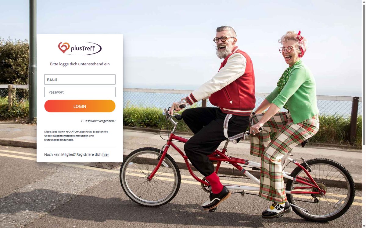 Login-Seite von 60plusTreff mit Feldern für E-Mail und Passwort