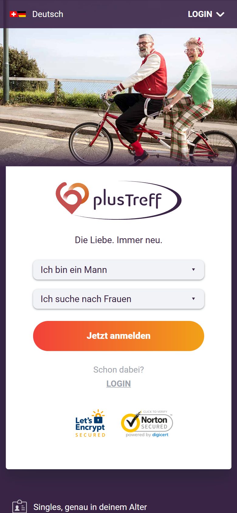 Startseite von 60plusTreff auf dem Handy