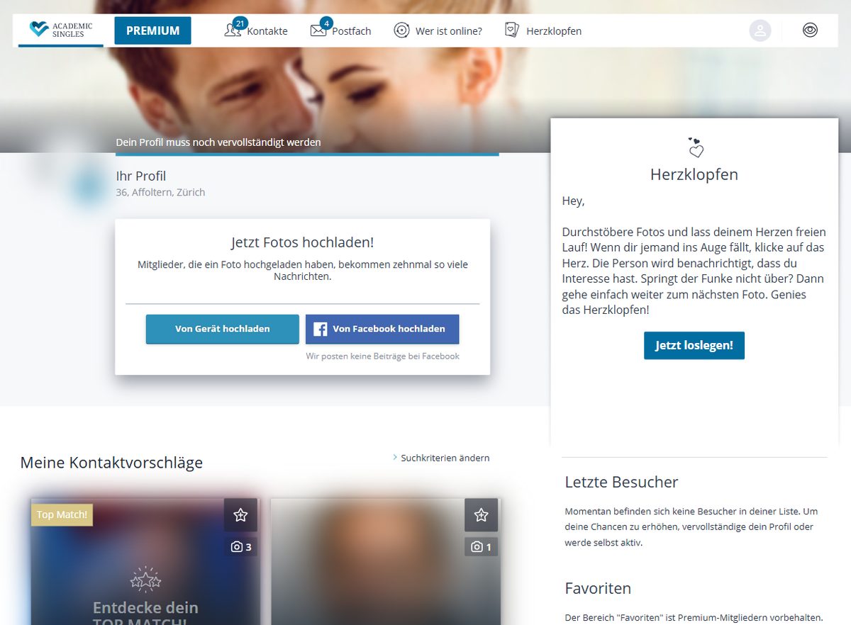 Startseite im Mitgliederbereich von Academic Singles (Namen und Fotos unkenntlich gemacht)