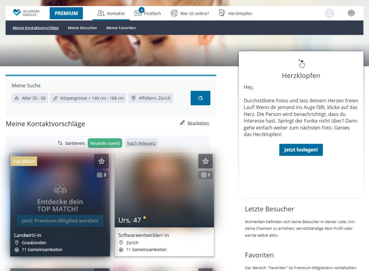 Partnervorschläge bei Academic Singles (Namen und Fotos unkenntlich gemacht)