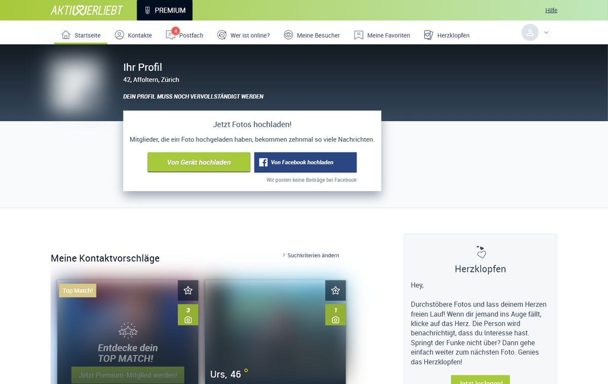 Startseite im Mitgliederbereich von Aktiv & Verliebt (Namen und Fotos unkenntlich gemacht)