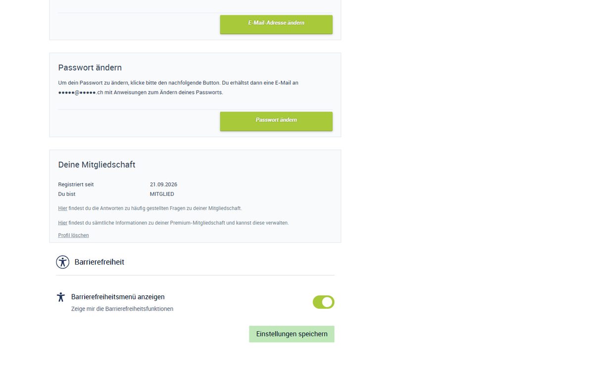 Kontoeinstellungen bei Aktiv & Verliebt mit Mitgliedschaft und Link zum Löschen des Profils (E-Mail-Adresse unkenntlich gemacht)