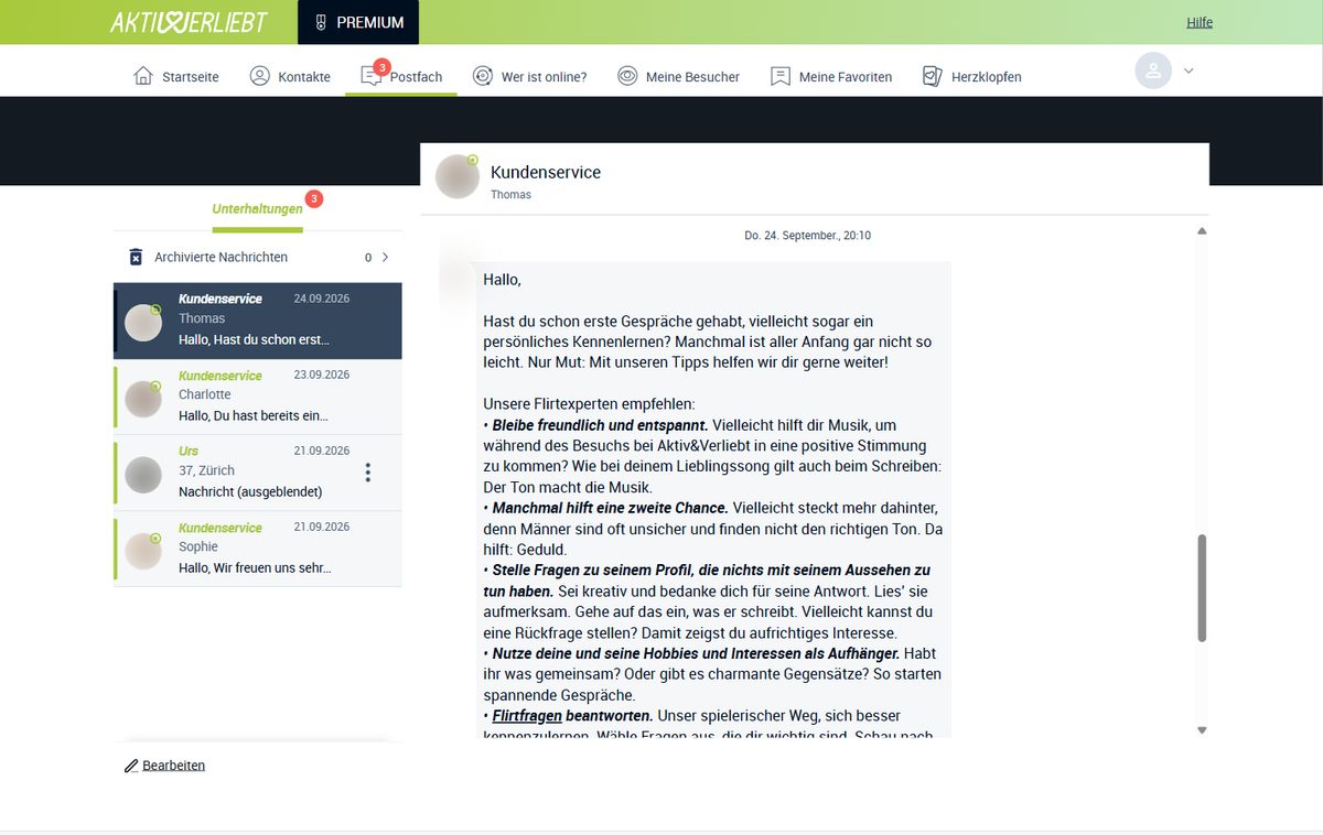 Postfach bei Aktiv & Verliebt mit Nachrichten des Kundenservice (Namen unkenntlich gemacht)