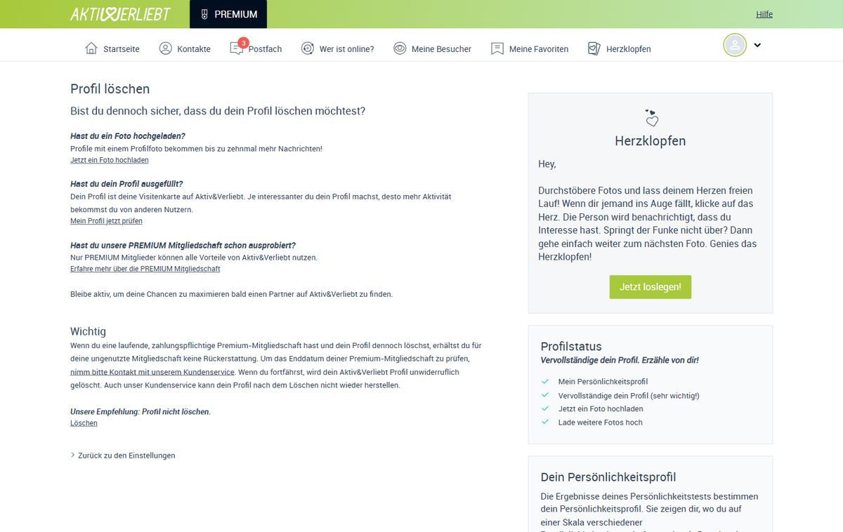 Seite zum Löschen des Profils bei Aktiv & Verliebt