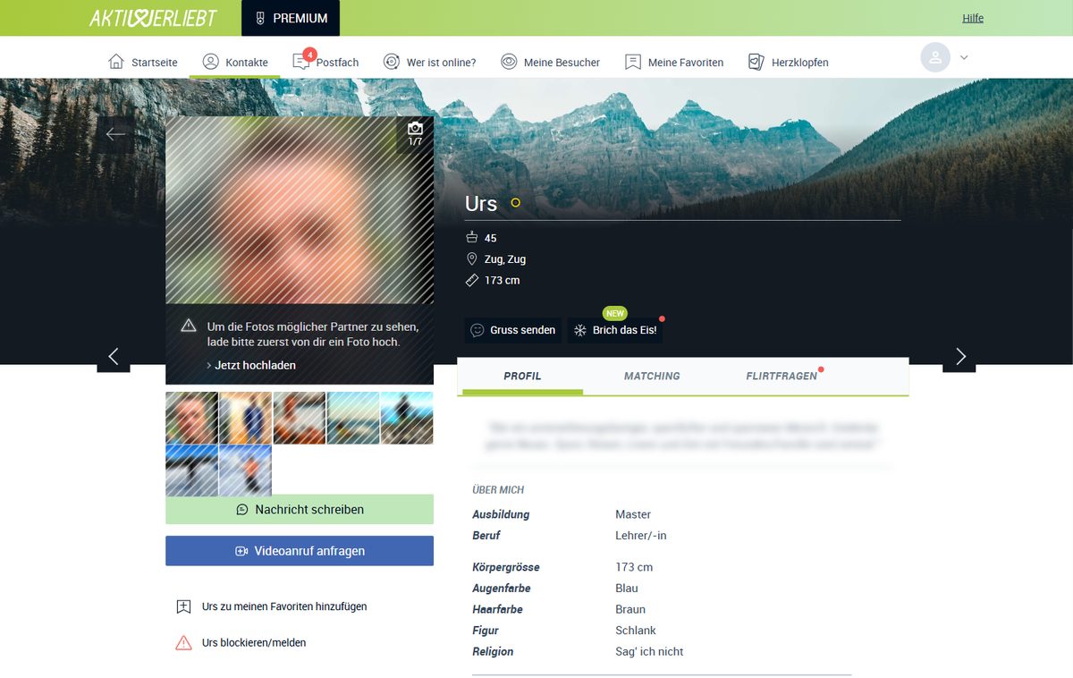 Profilansicht eines Mitglieds bei Aktiv & Verliebt (Name, Fotos und Freitext unkenntlich gemacht)