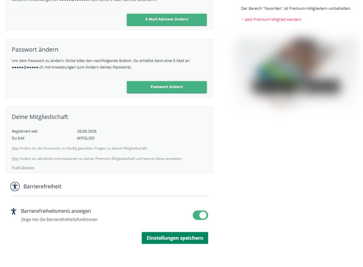 Kontoeinstellungen bei be2 mit Mitgliedschaft und Link zum Löschen des Profils (E-Mail-Adresse unkenntlich gemacht)