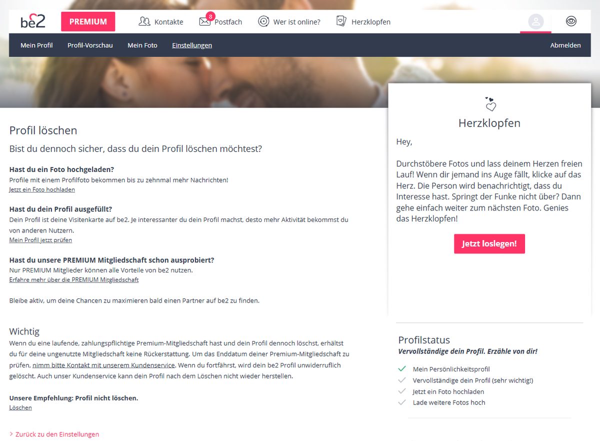 Seite zum Löschen des Profils bei be2