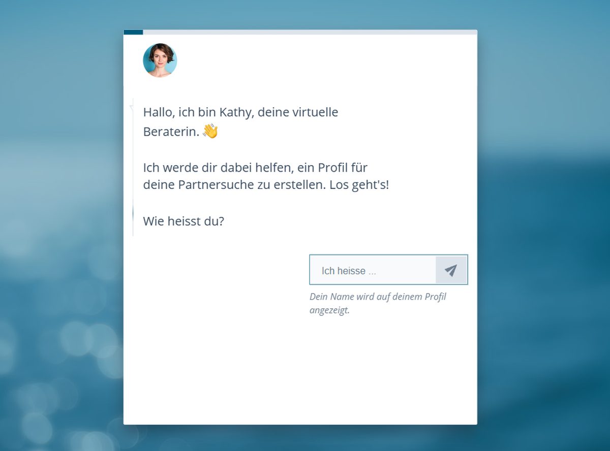 Erster Schritt der Anmeldung bei eDarling: der virtuelle Assistent fragt nach dem Vornamen