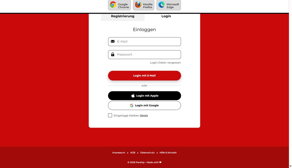 Login-Seite von Parship mit Feldern für E-Mail und Passwort