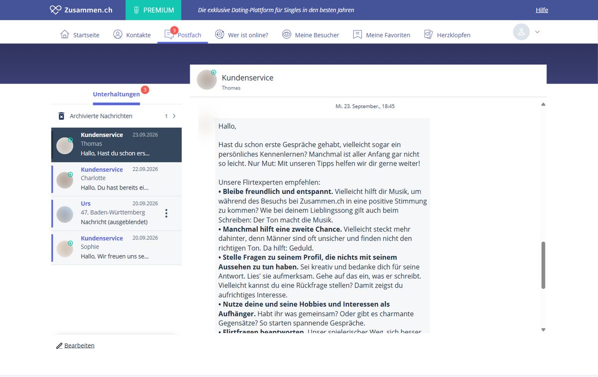 Postfach bei Zusammen.ch mit Nachrichten des Kundenservice (Namen unkenntlich gemacht)