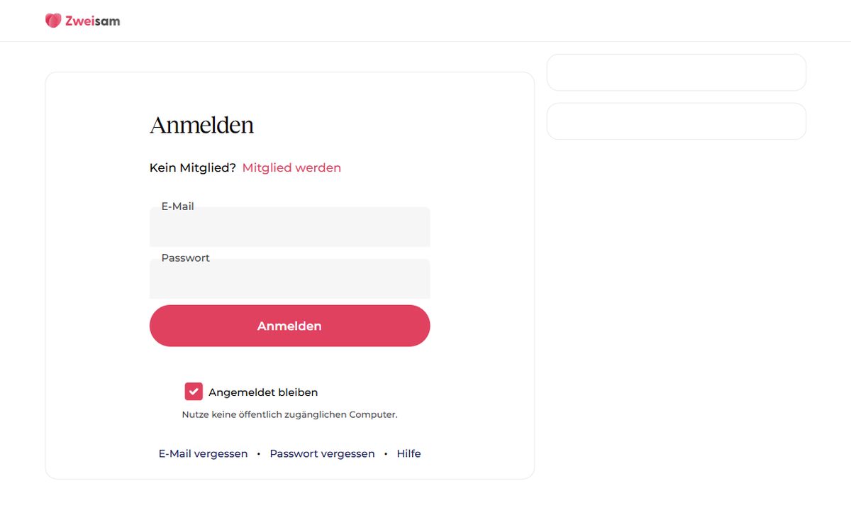 Login-Seite von Zweisam mit Feldern für E-Mail und Passwort
